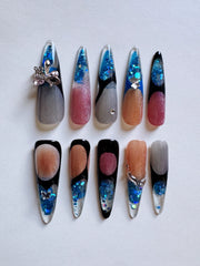 Candy Pudding Hand Drawn Cat Eye Blue Sequin Flowing Sand Nail Art